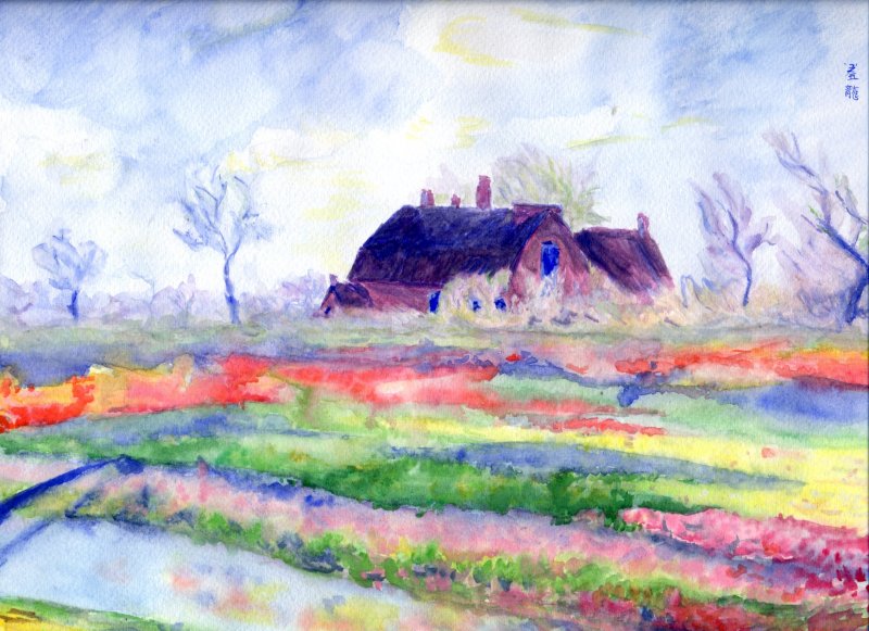 Monet, A Sassenheim près de Haarlem, champ de tulipes - studio ad acquerello