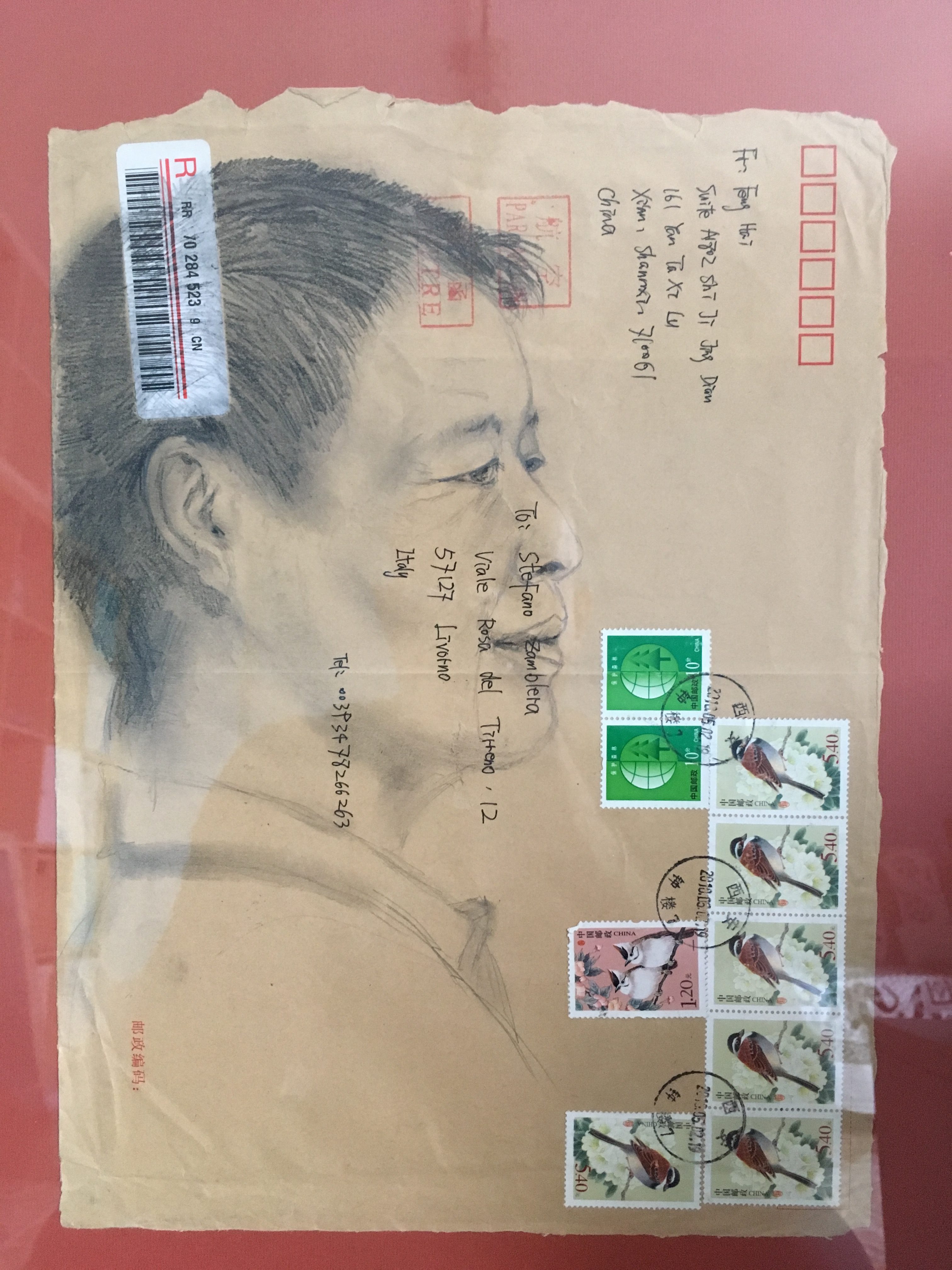 Liu Jingping, grafite e carboncino su busta da lettera, 30 x 20